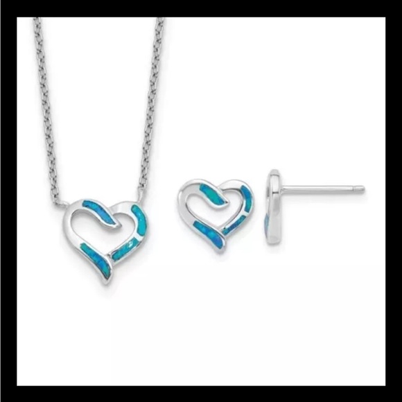 Sterling Silver Opal Heart 16in Necklace with 2in ext and Earring Set NEW - Picture 1 of 6